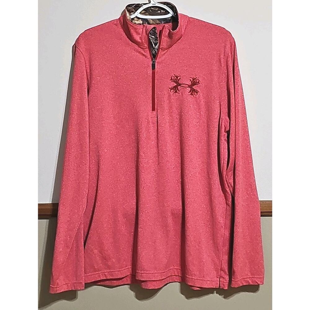 Under Armour Heat Gear 1/2 Zip Pullover Mens Large Red Antlers Logo Camo